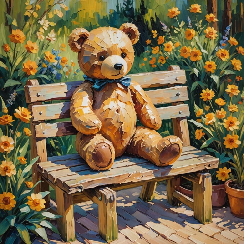Teddy Bear in Garden, Van Gogh Impasto Style