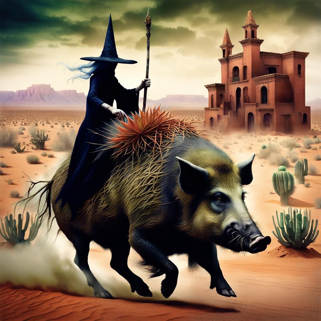 Witch Rides Wild Boar Through Desert Landscape