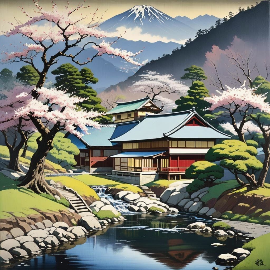 Ukoyi-e.  Japanese house with a cherry trees and a stream in...