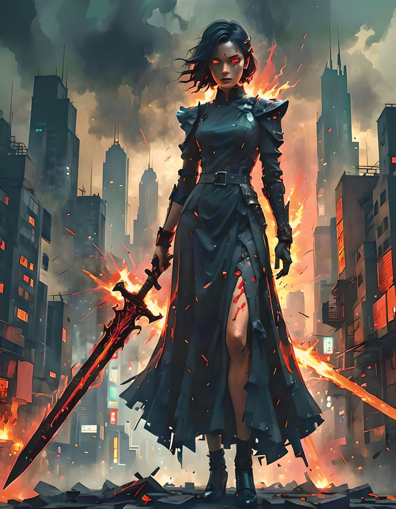 Sinister Woman with Sword in Hyperrealistic Pixelated Citysc...