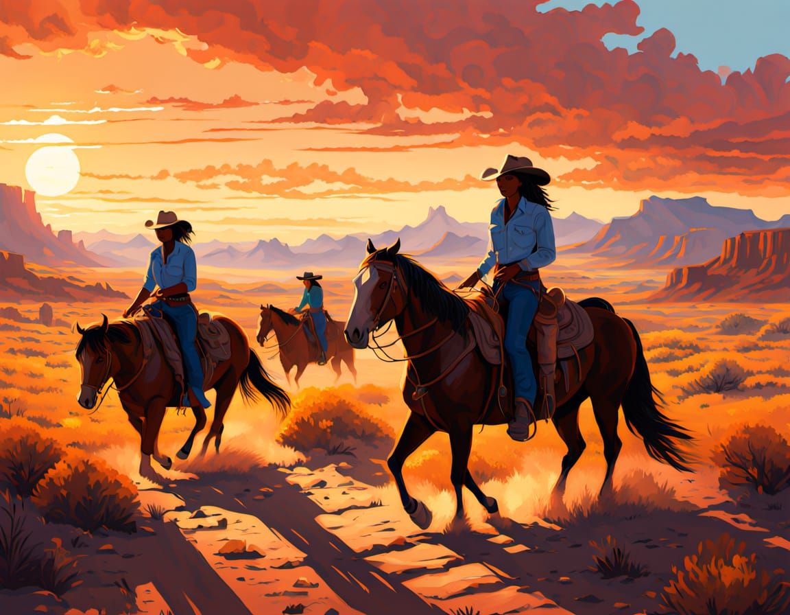 Vibrant Western Landscapes: African American Senior Cowgirls...