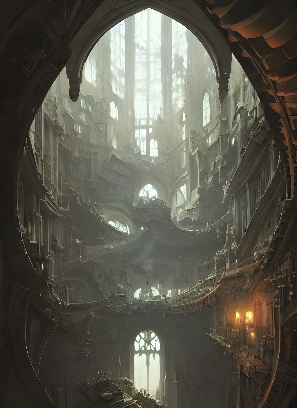 Surreal Gravity-Defying Church in Dark Fantasy Style