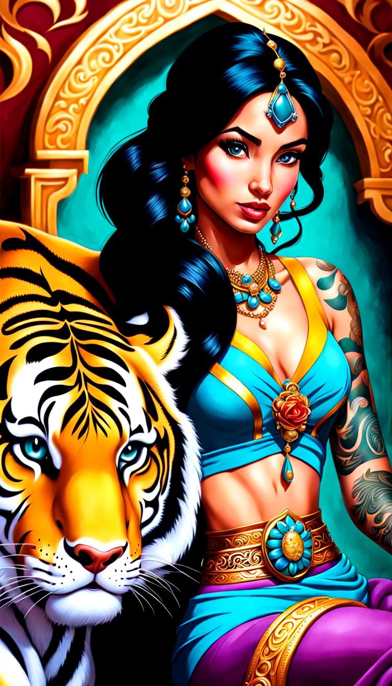 Tattooed Jasmine and Tiger in Photorealistic Style