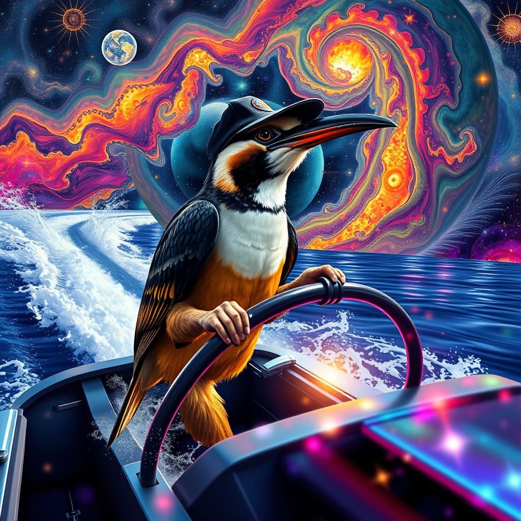 Kookaburra Driving Speedboat in Holographic Astral Scene