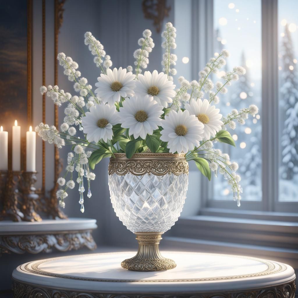 White Flowers in Crystal Vase with Ethereal Lighting