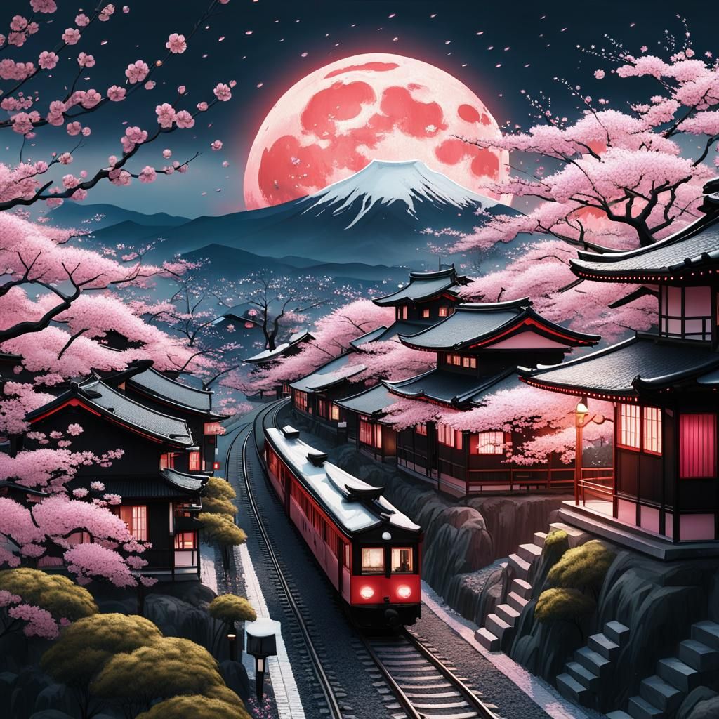 Modern Train Through Japanese Village Under Red Moon