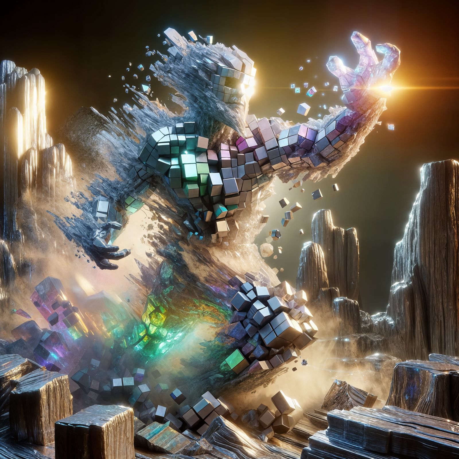 Djinn Emerges from Iridescent Bismuth Rock in Vibrant Cuboid...