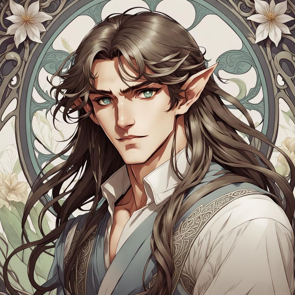 Art Nouveau Elf with Long Hair, Anime Style