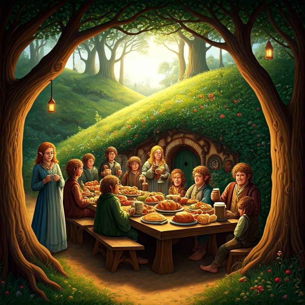 Hobbit Feast in the Shire: Whimsical Illustration