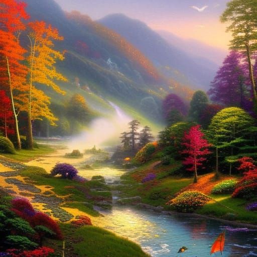 Dragon Frolics in Autumn Mist: Kinkade Style