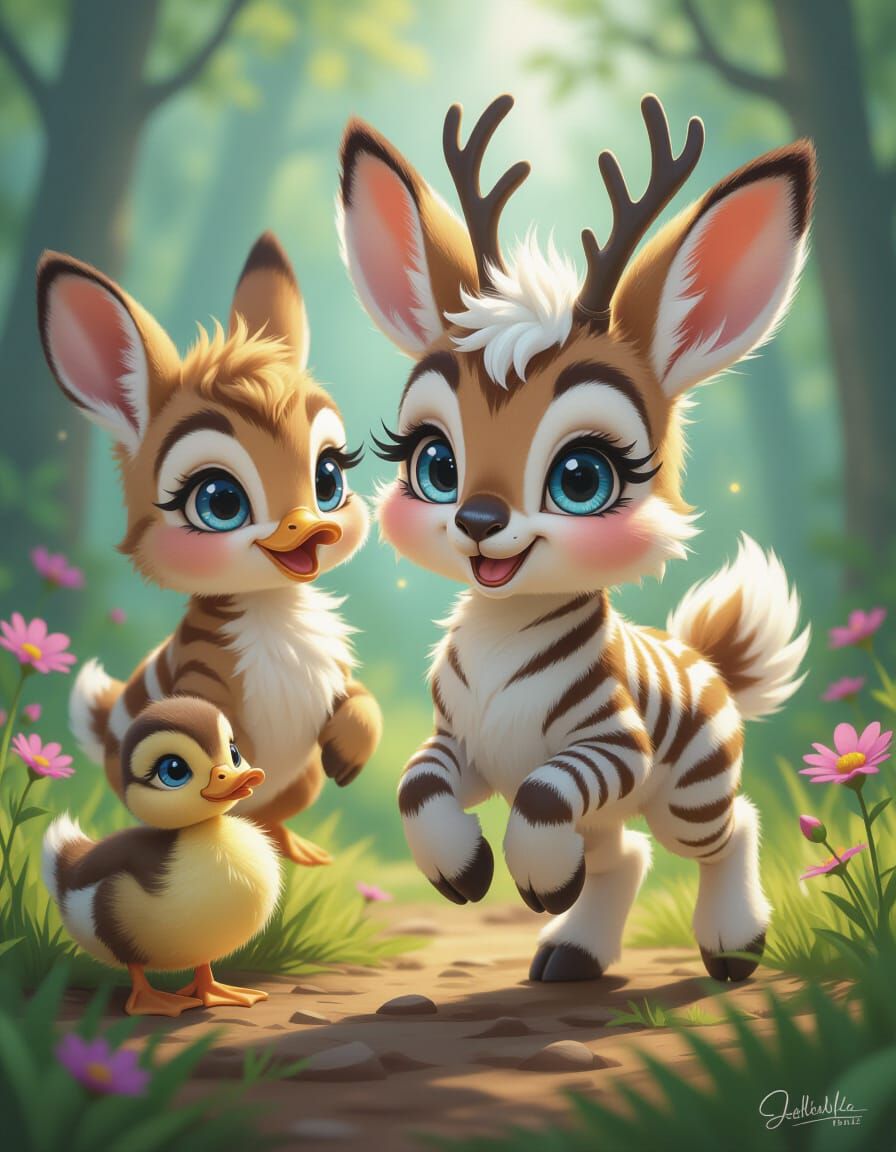 Cute Baby Zebra-Jackalope with Duck in Magical Forest