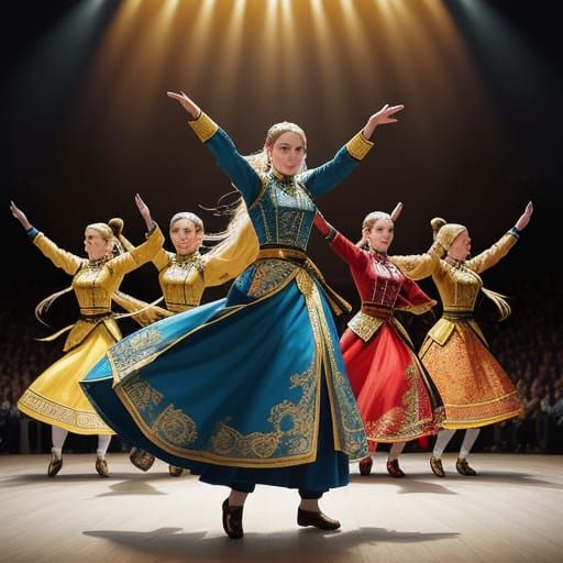 Cossack Women Sword Dance in Ukrainian Folk Art Style