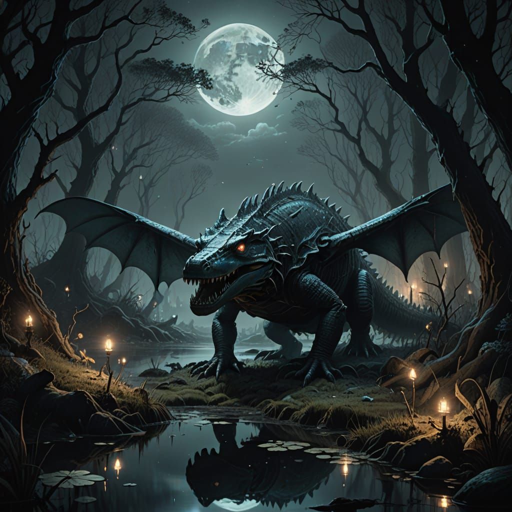 Mystical Swamp Creature Unveiled Under Moonlit Shadows