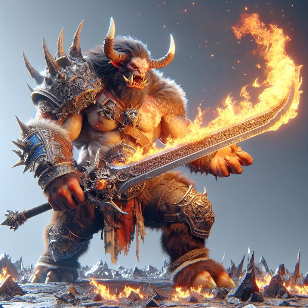 Bugbear Barbarian Wielding Flaming Greatsword in 3D Manga St...