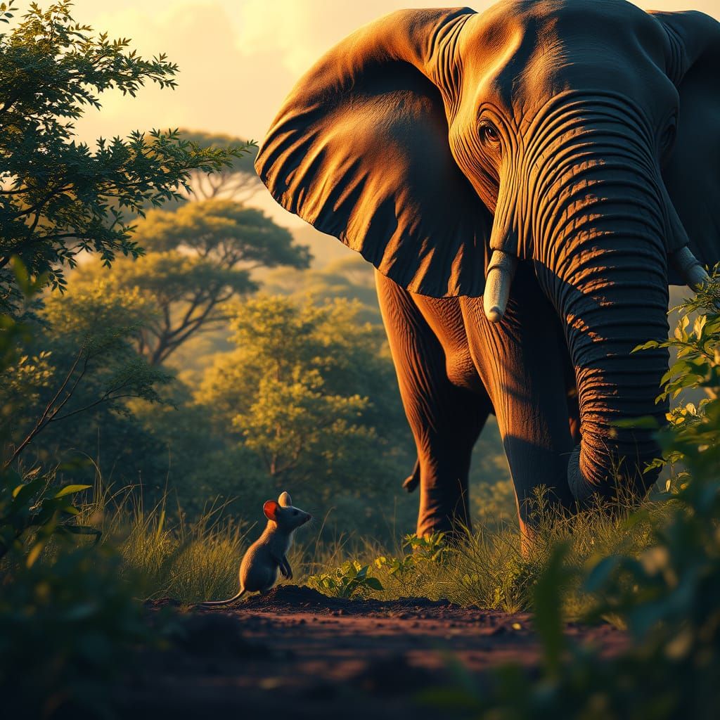 Mouse and Elephant in Vibrant Savannah