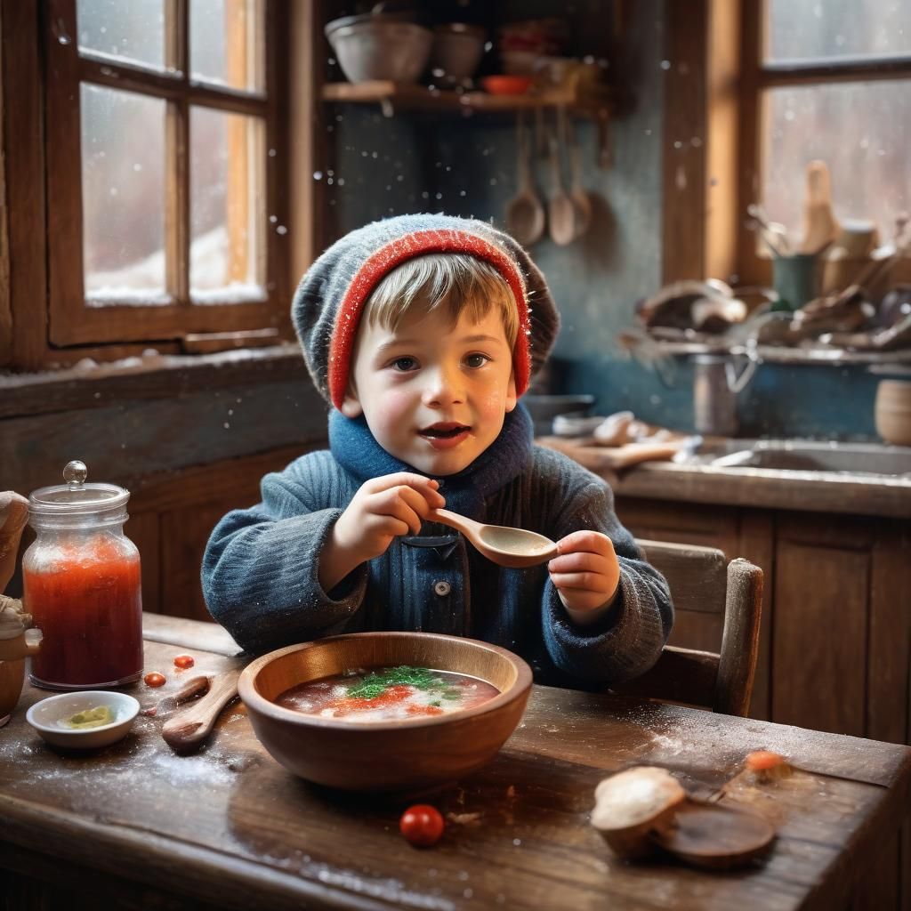 Cozy Kitchen: Whimsical Illustration of Boy Eating Borscht