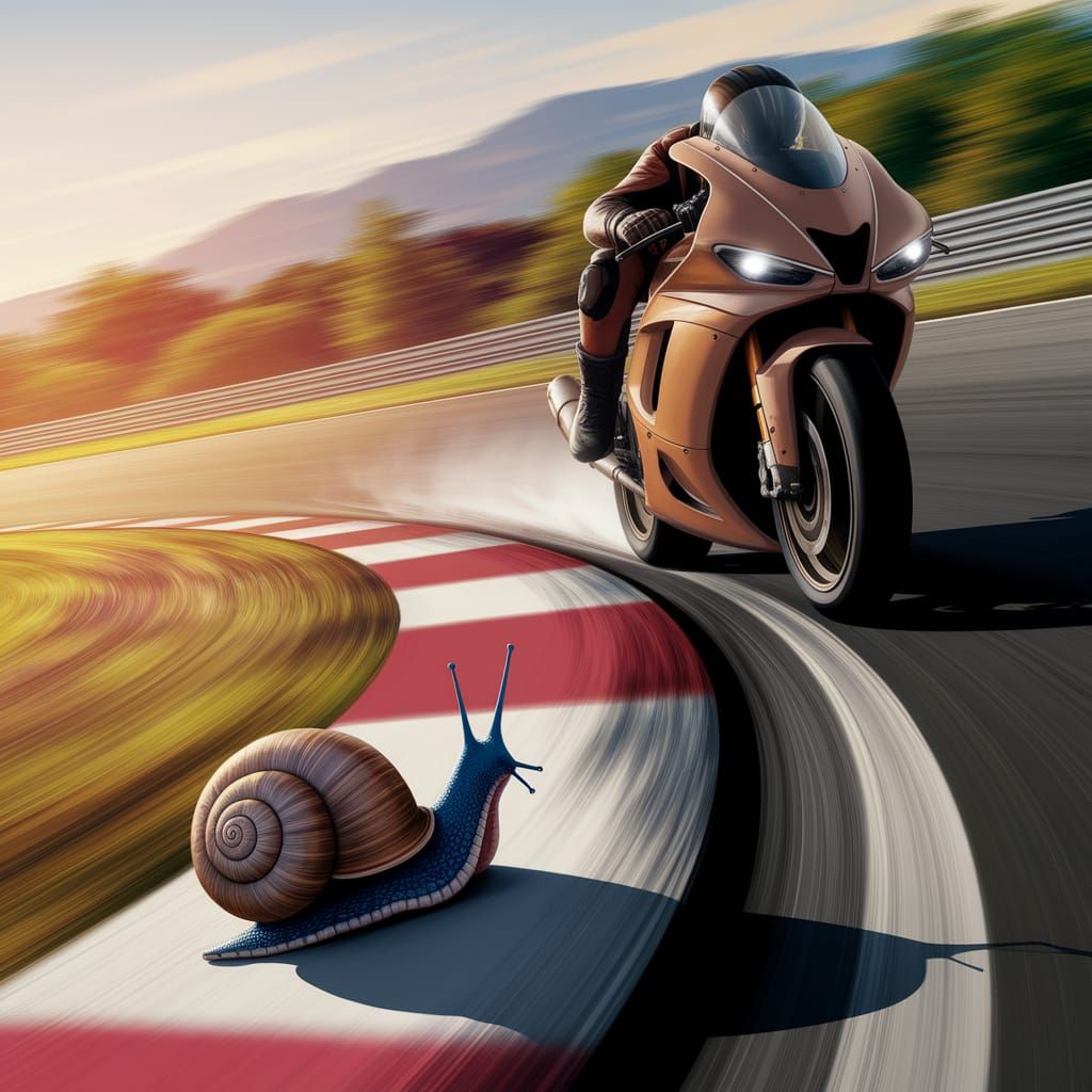 Snail Watches Motorcycle Race: Digital Art