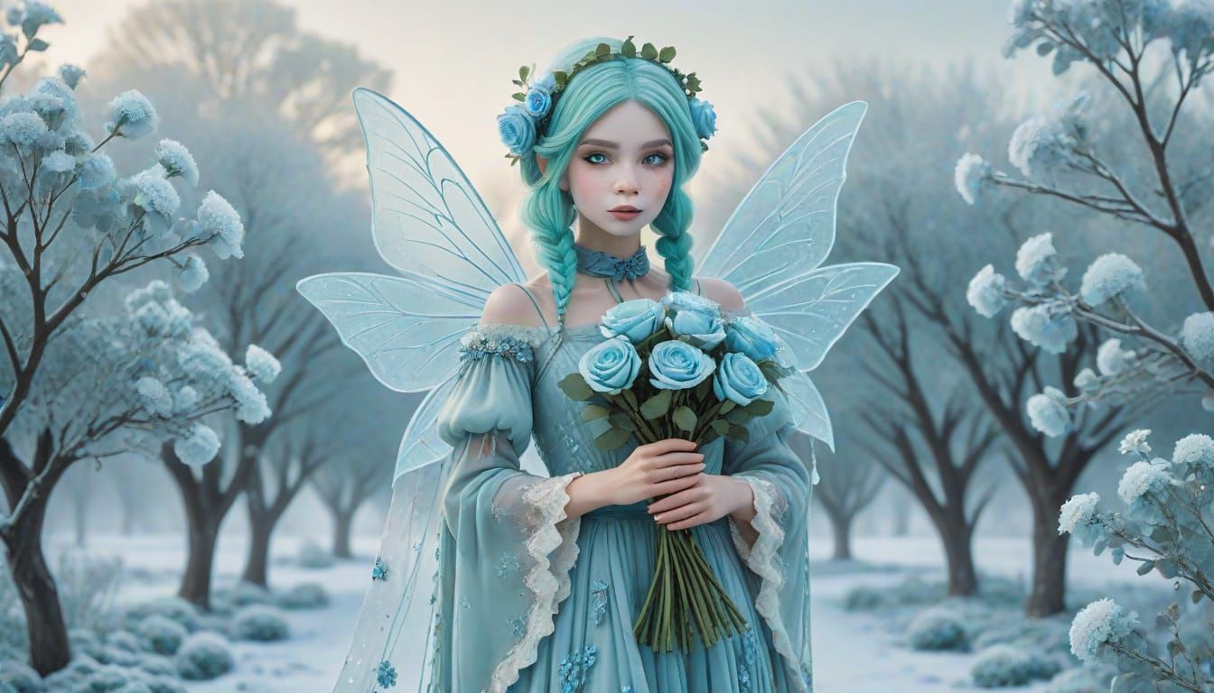 Retro Futuristic Ice Fairy in Icy Orchard