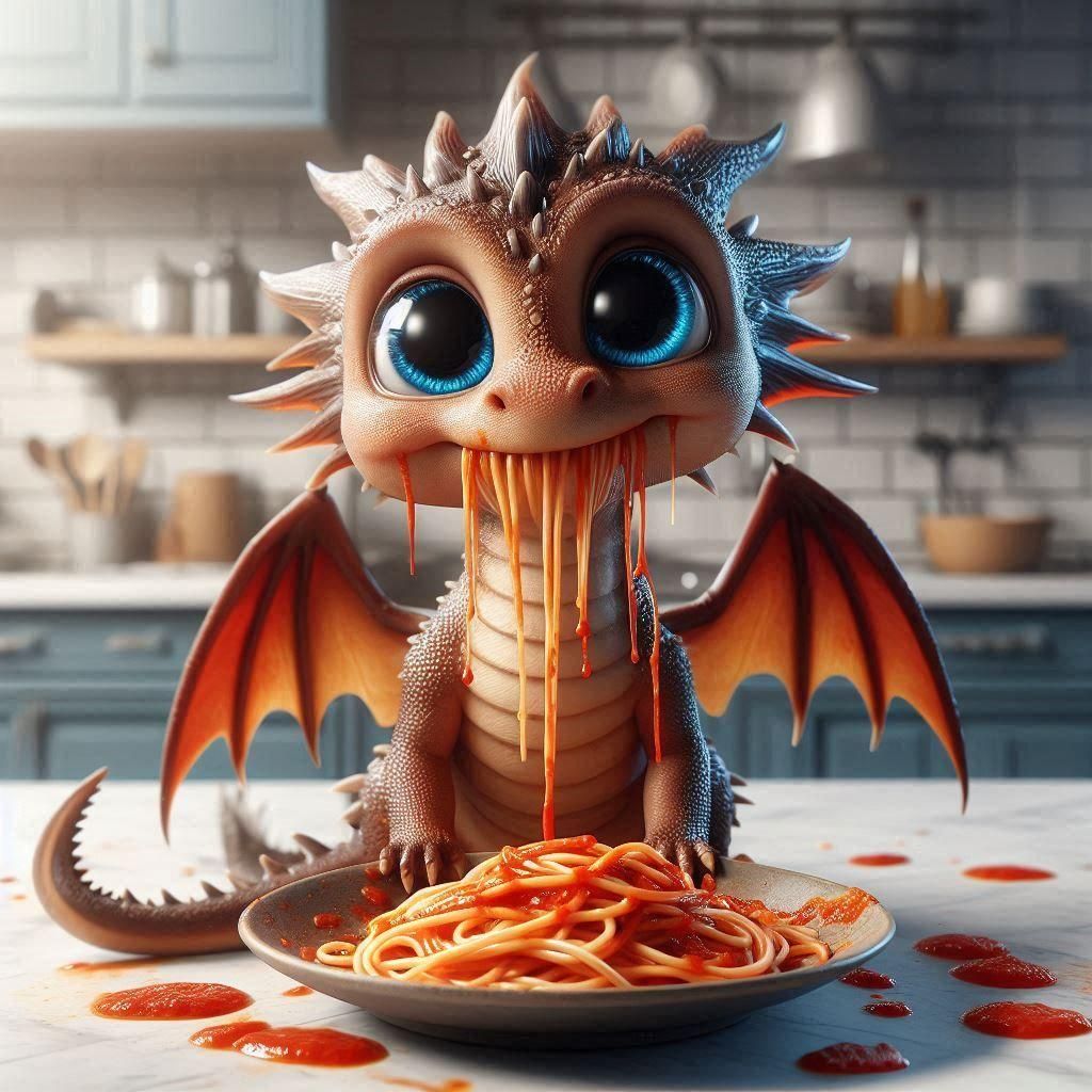 Whimsical Baby Dragon's Spaghetti Dinner