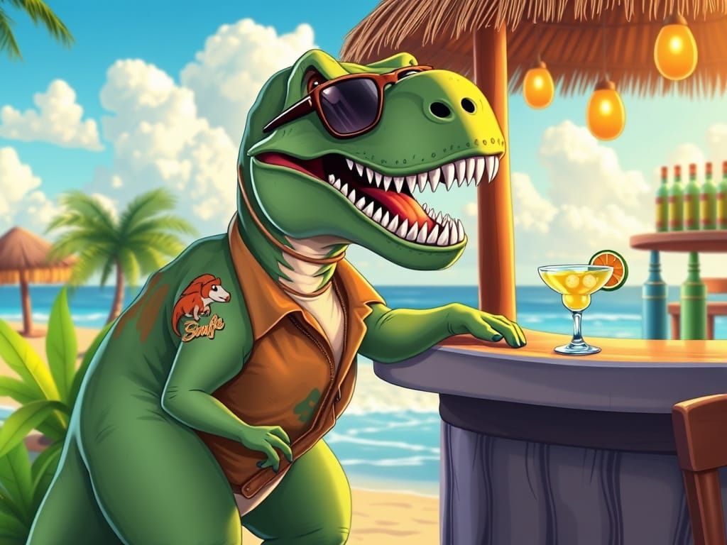 Cartoon T-Rex Enjoys Margarita at Beach Bar