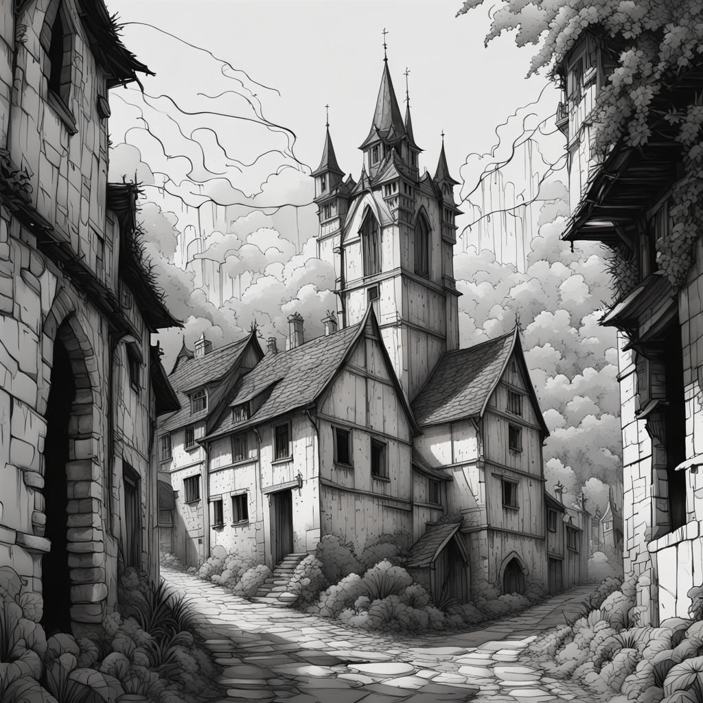 Line art, old village