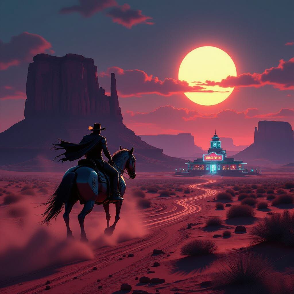 Cyberpunk Cowboy Rides Through Twin-Sun Desert