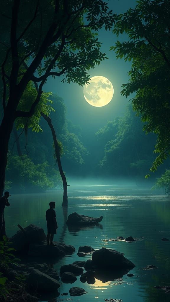 Serenity by the Moonlit River in a Lush Forest