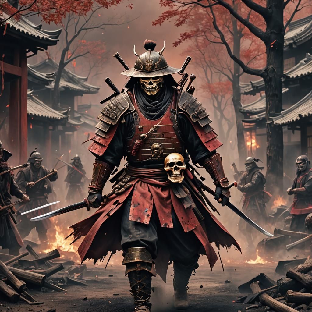 Samurai Warrior in Burnt Village: Digital Artwork