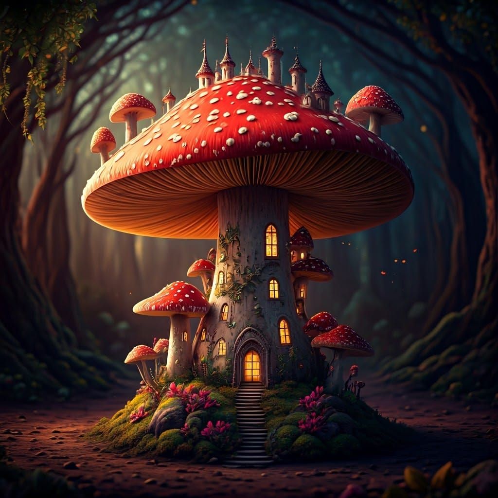 Surreal Fantasy Castle Blooms from Enchanted Mushroom