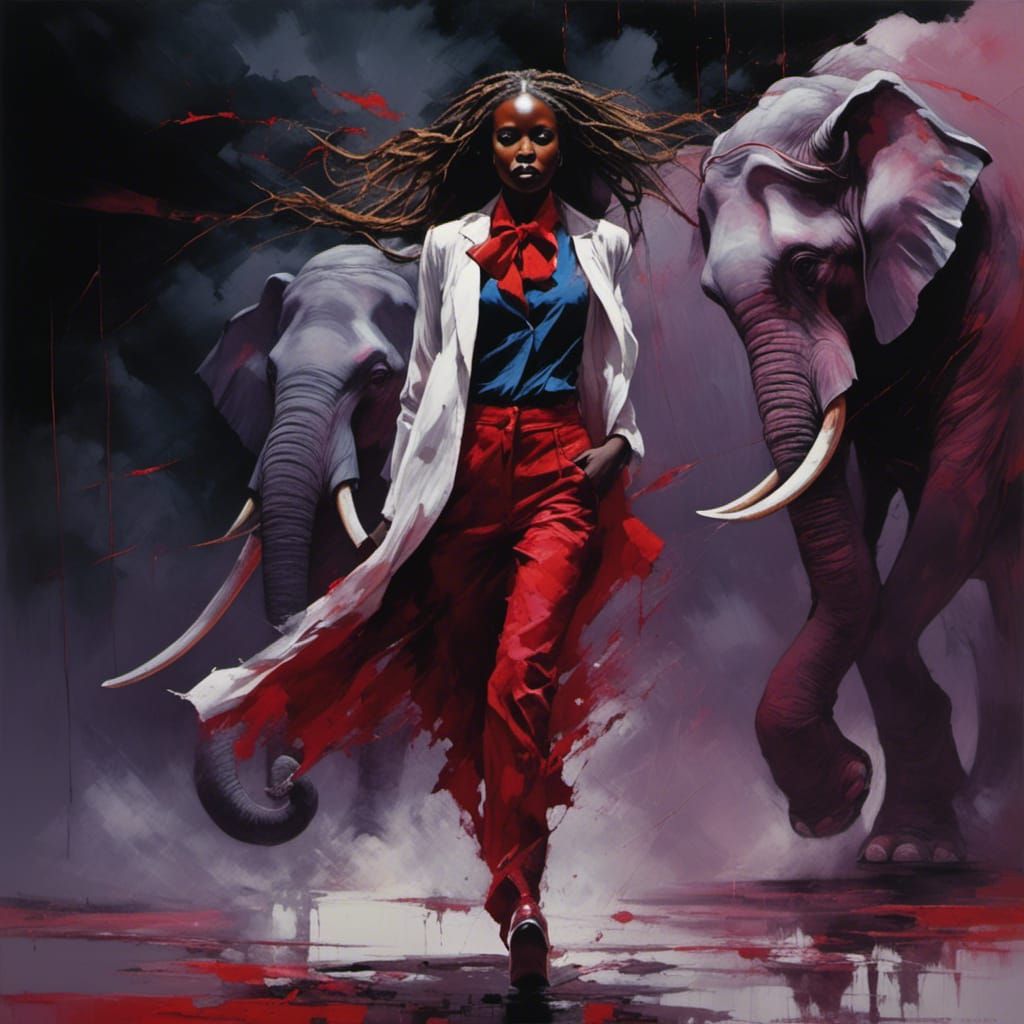 Powerful Woman Walks Out of Storm with Elephant