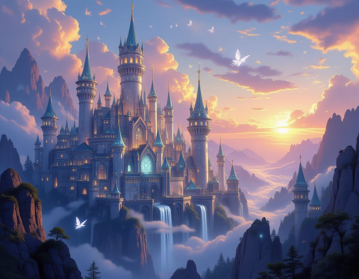 Whimsical Wizard Castle in Luminous Fantasy Landscape