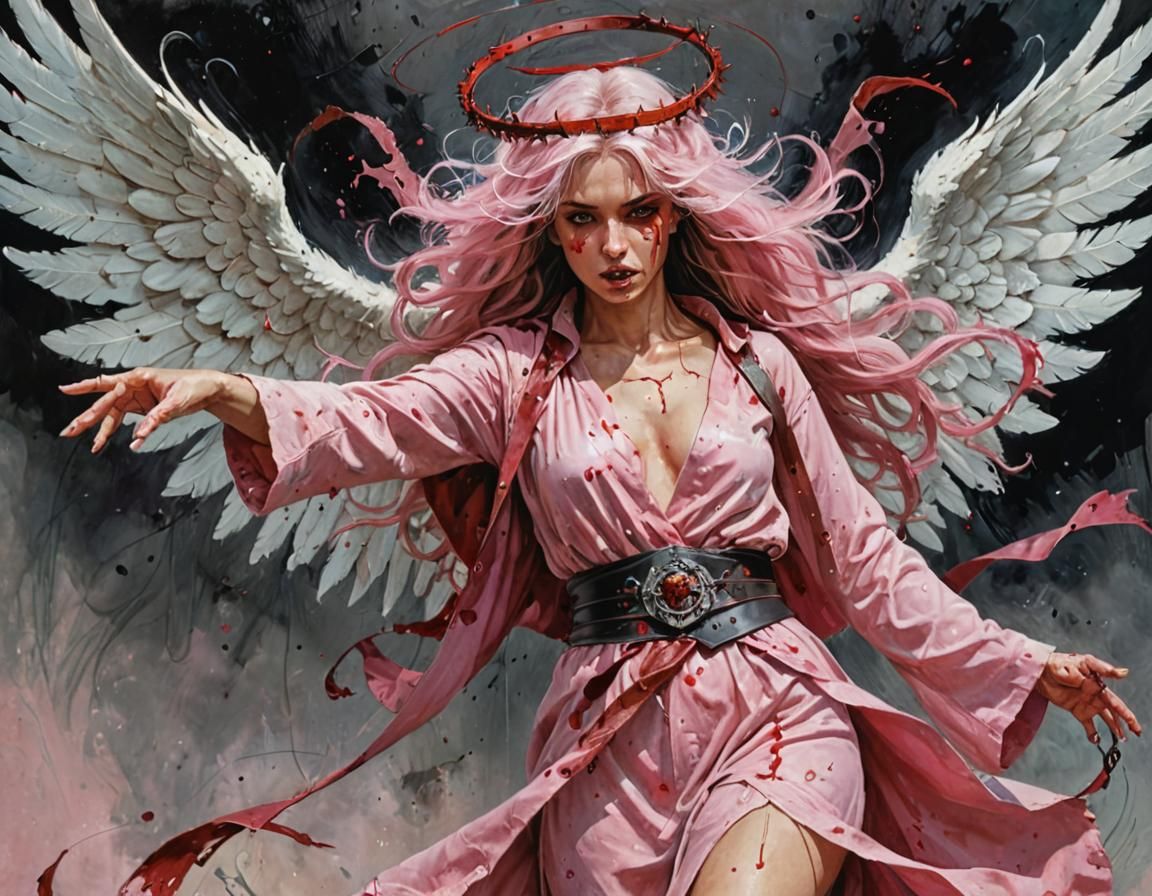 Arcane Angel with Blood Crown in Oil Paint Style