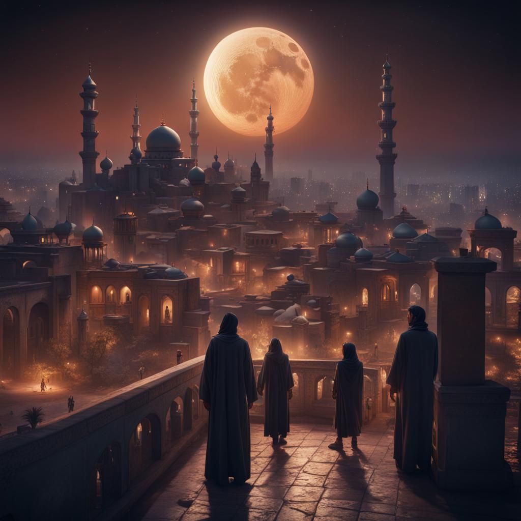Lunar Crescent Over Modern Arabic City at Night