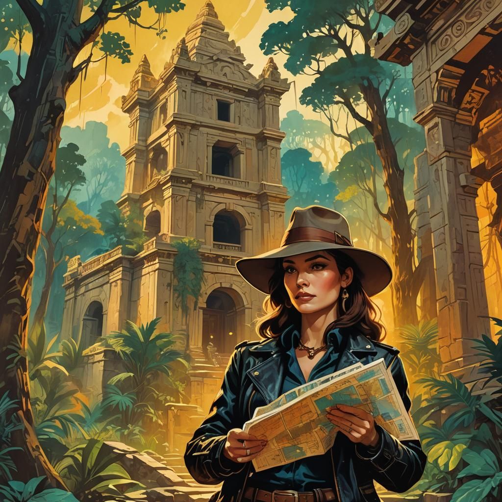 Female Treasure Hunter in Jungle Adventure Illustration