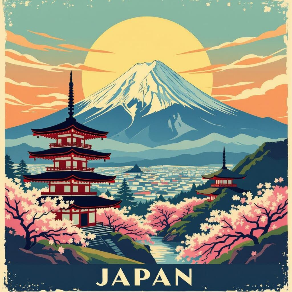 1930s Art Deco Travel Poster of Mount Fuji