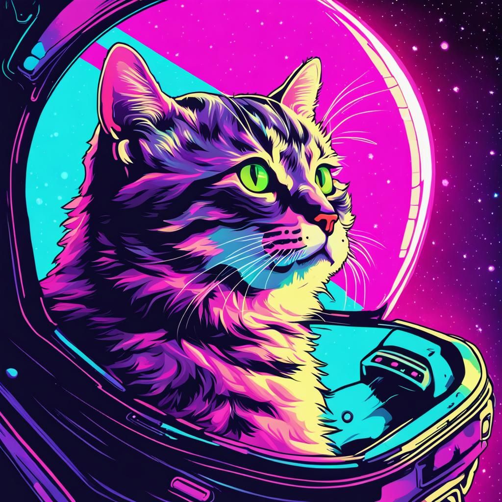 Smug Kitten in Neon Retro Synthwave Space