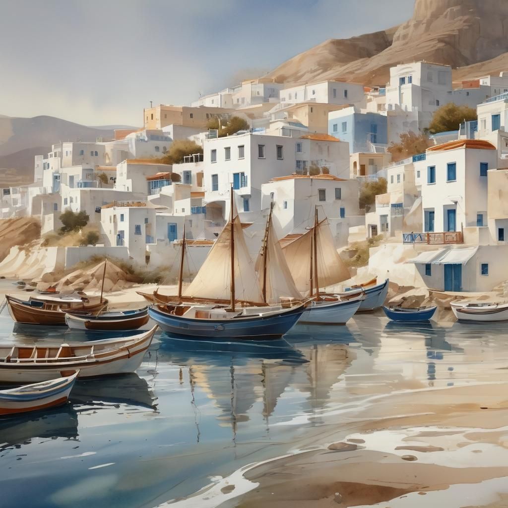 Aegean Sea Village: Impressionist Watercolor Harbor Scene