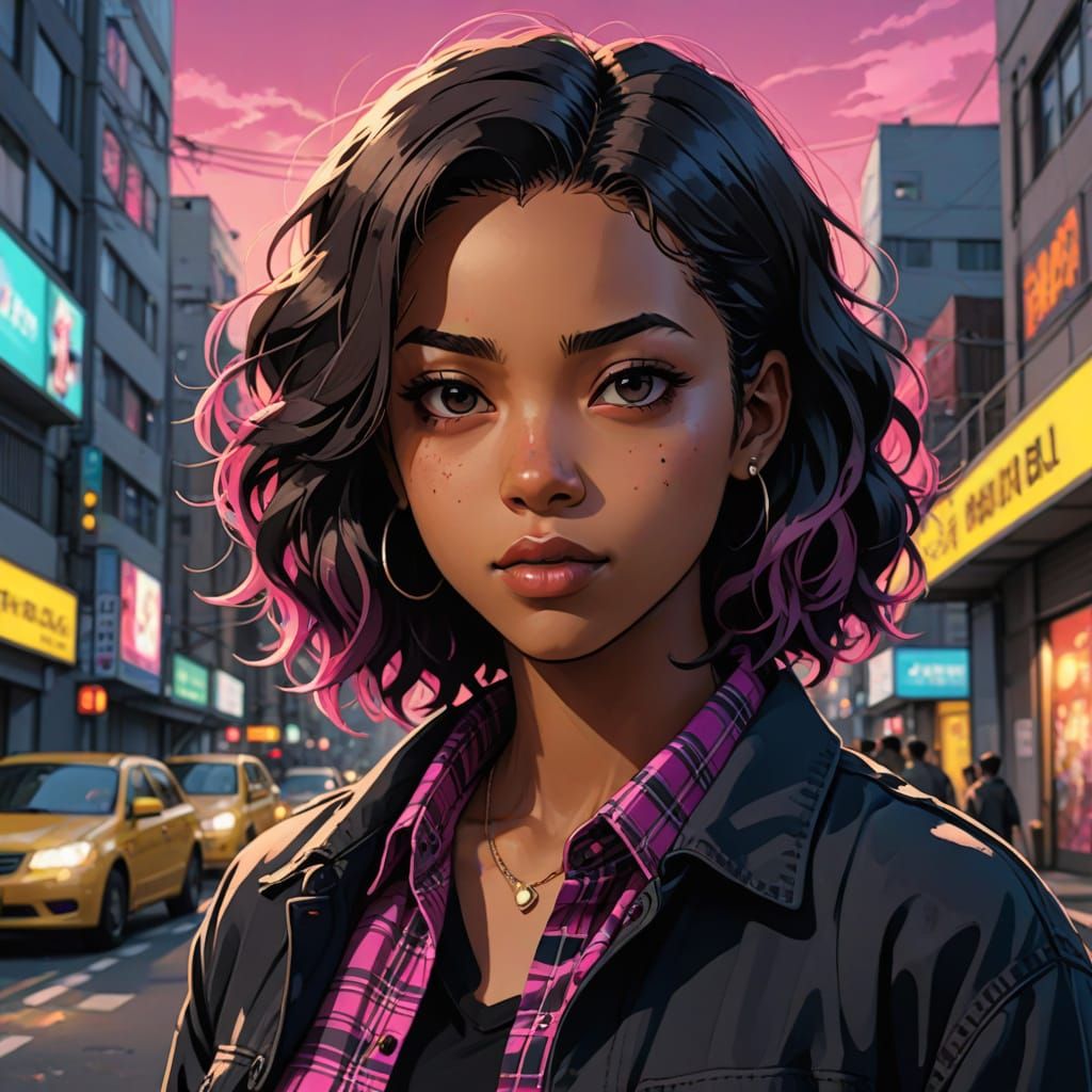 Mulatto College Girl in Cinematic Anime Portrait
