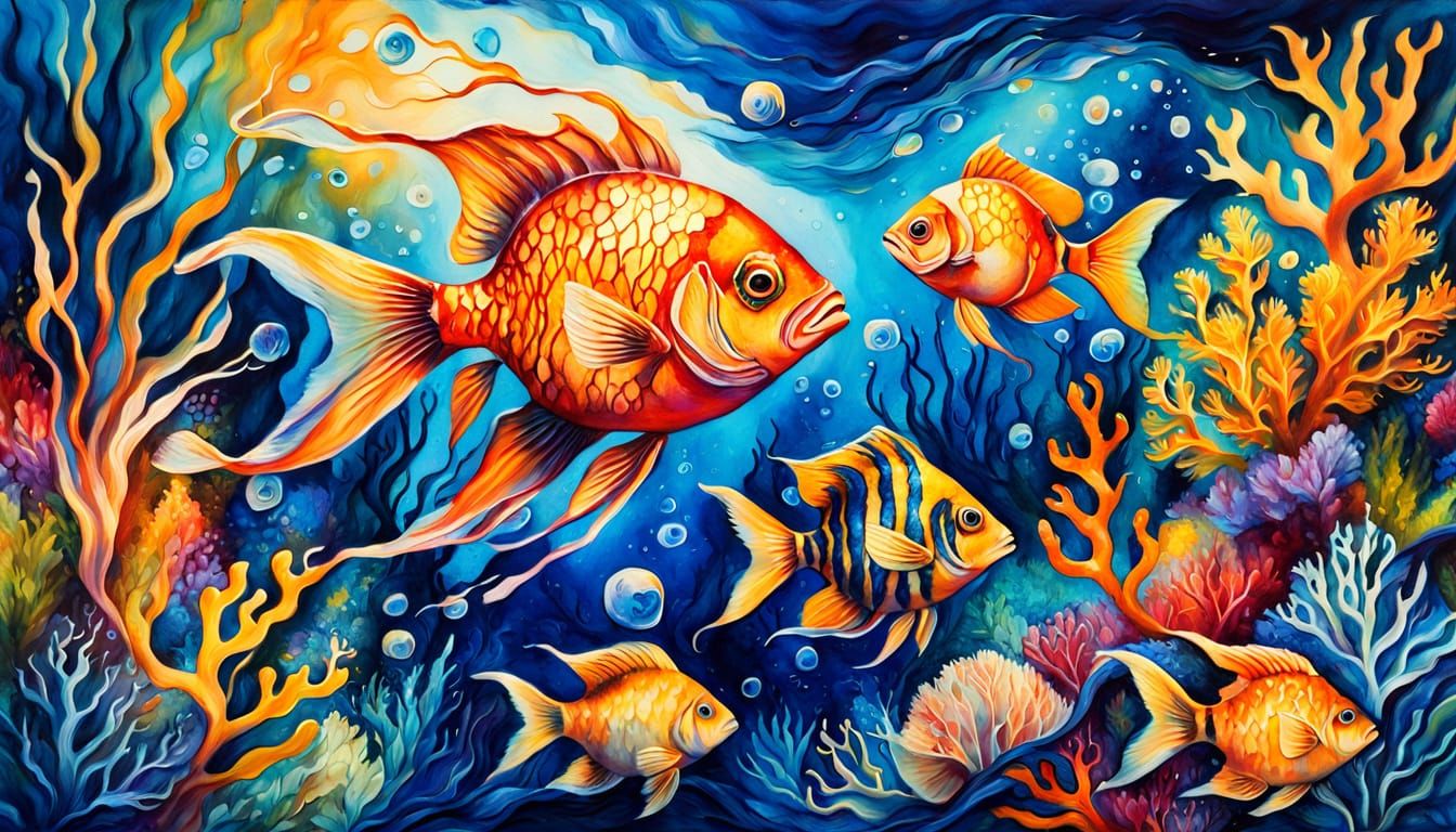 Coral Reef Fish in Vibrant Oil Painting