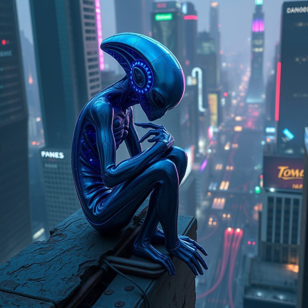 Nanotech Alien Contemplation in Dystopian Cityscape