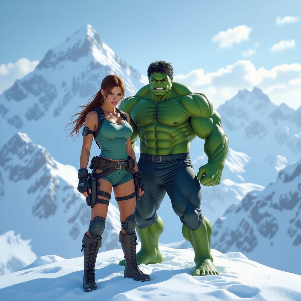 Lara Croft and Hulk on Snowy Mountain Peak