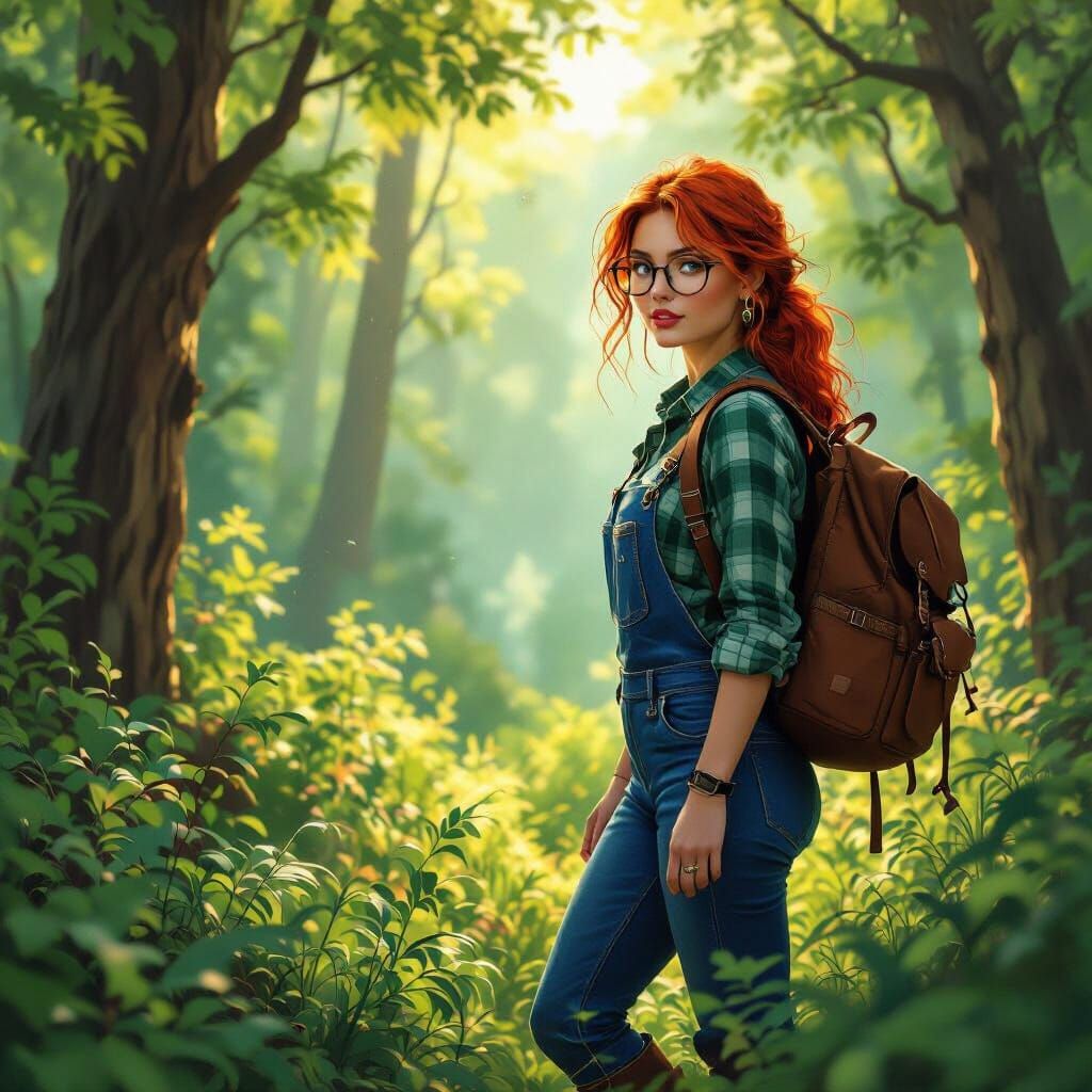 Red-Haired Hiker in Forest, Painterly Concept Art Style