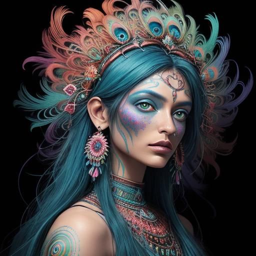 Cosmic Woman with Peacock Feathers, Mixed Media Art