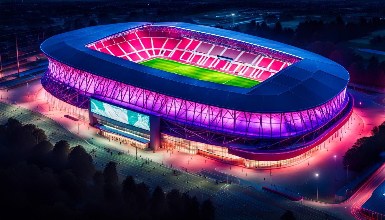 Neon Soccer Stadium at Night: Aerial View