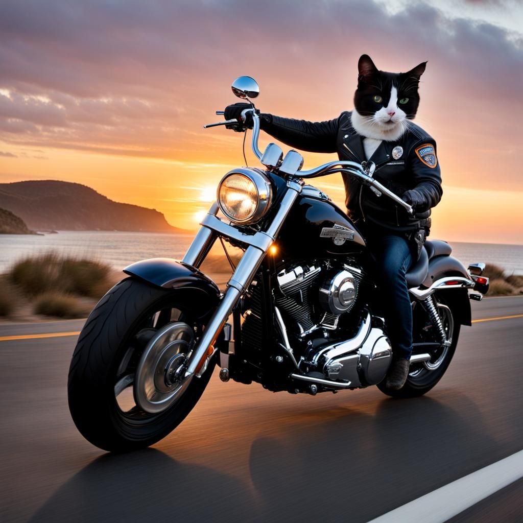 Biker Cat on Harley Evading Police Chase