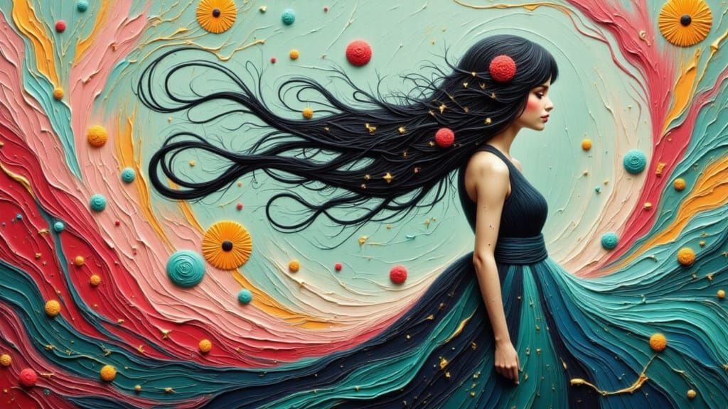 Dreamlike Woman Blending into Abstract Colors in Impressioni...