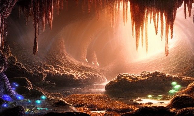 Glowing Mushroom Cave River: Gothic Horror Landscape
