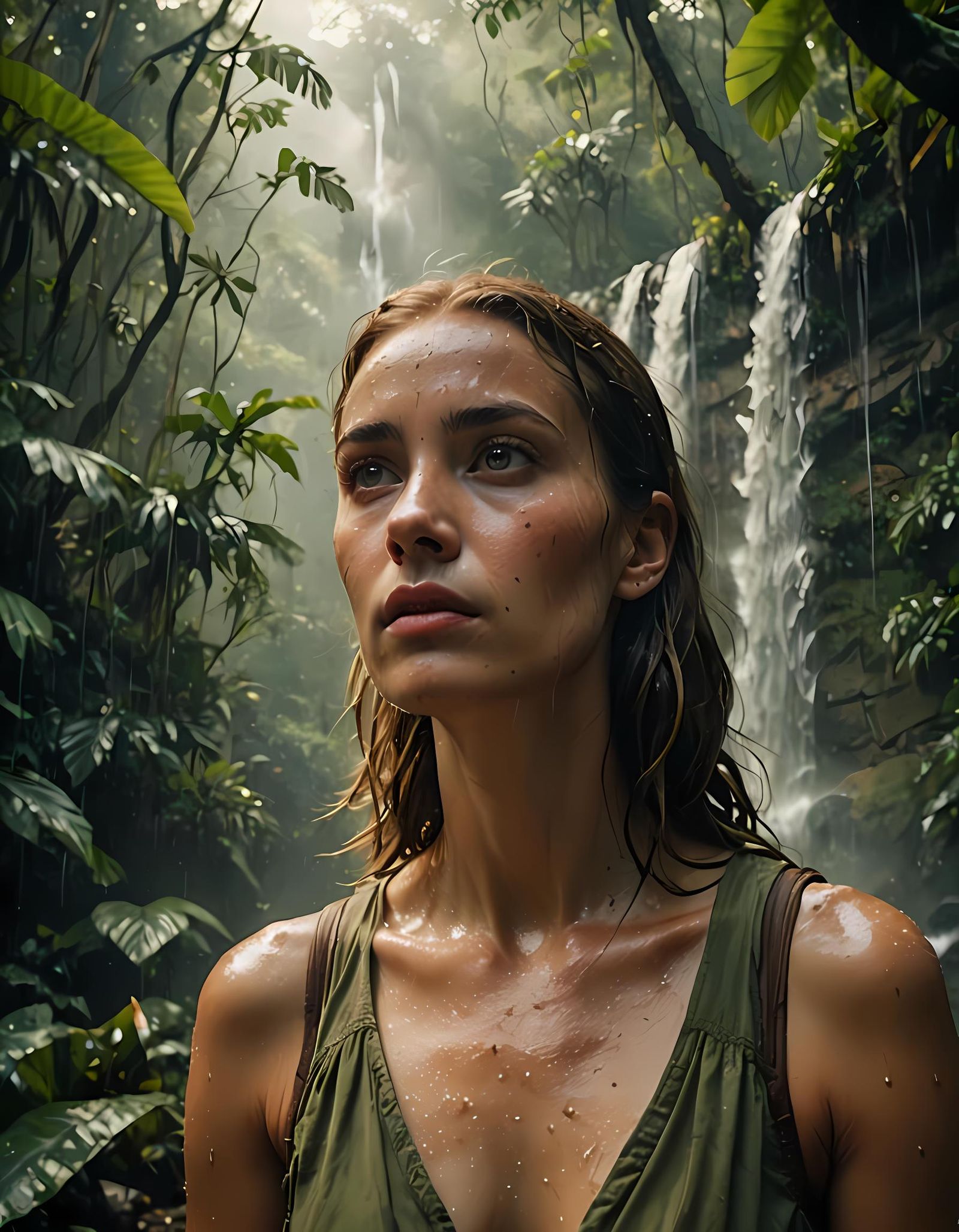 Woman Gazing at Sky Under Jungle Waterfall