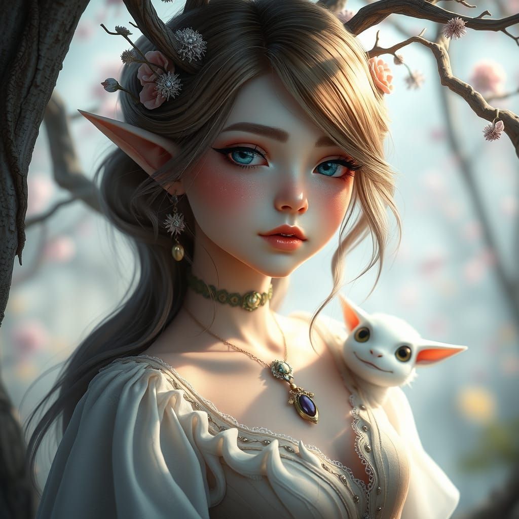 Elegant Girl with Tree Elves: Whimsical Realism