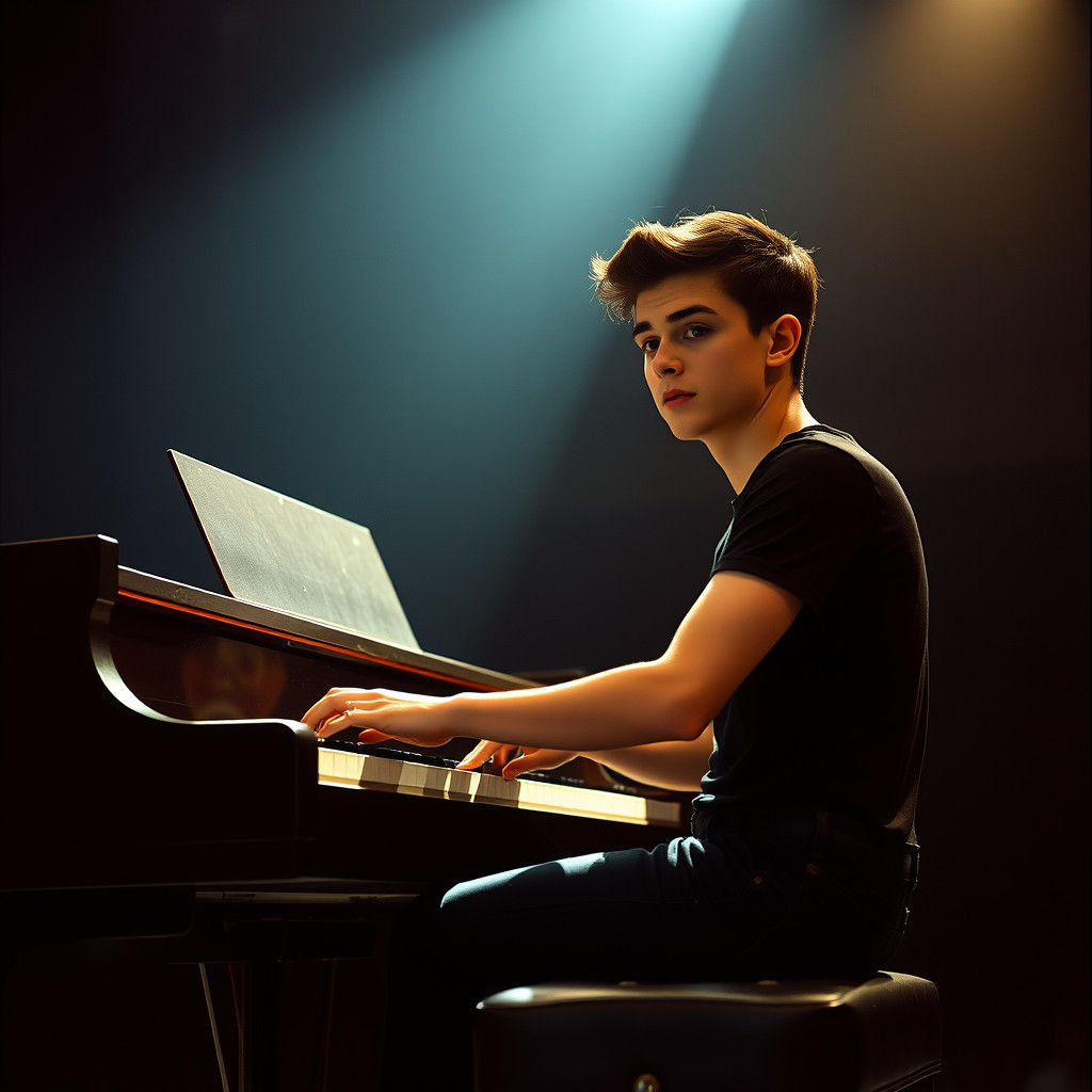 Italian Man at Piano in Cinematic Lighting